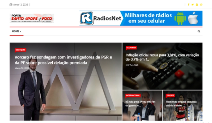 Relação de matérias publicadas no Portal Santo André em Foco hoje, 12 de Março de 2026
